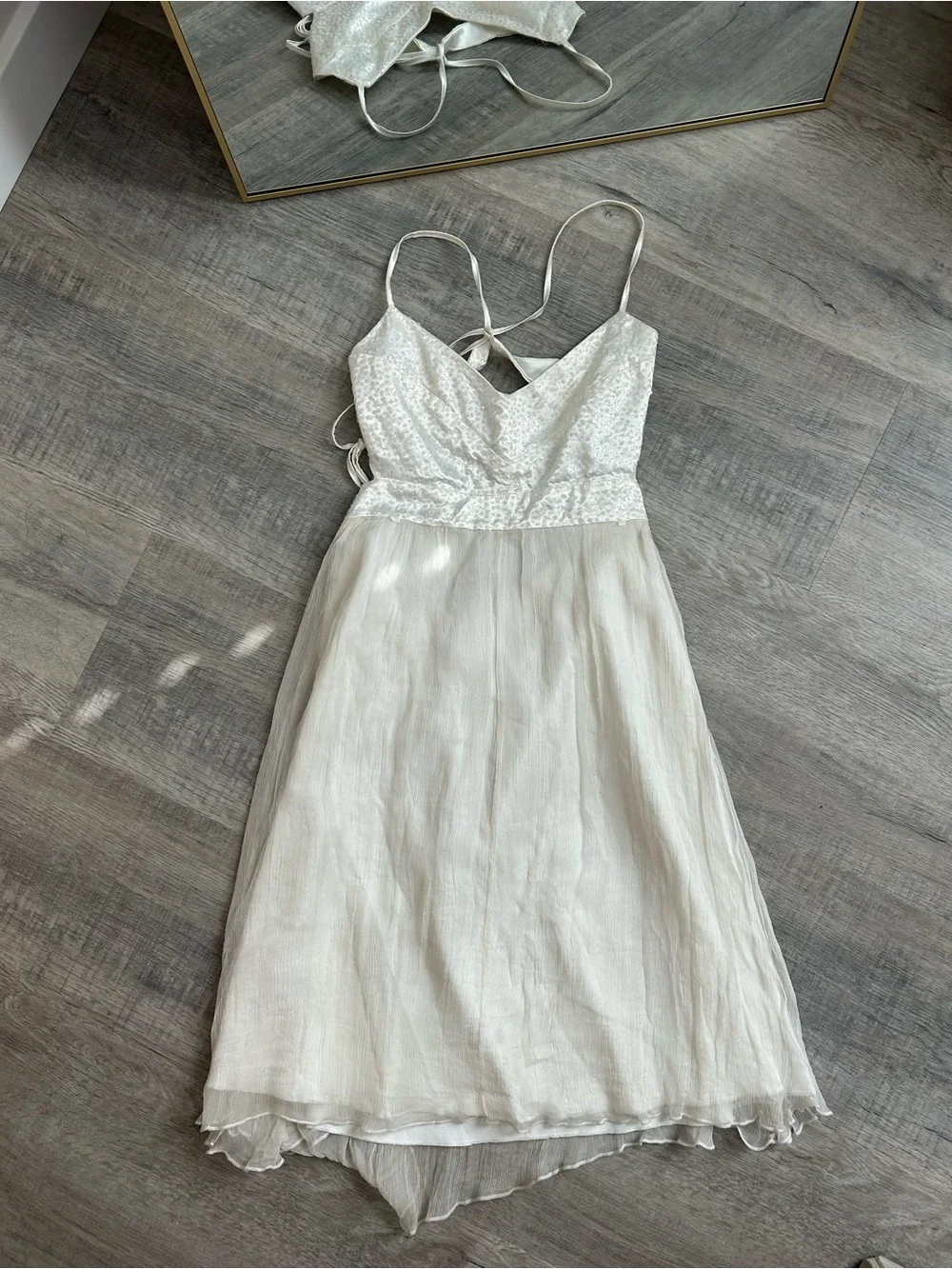 Vintage Y2K Forever 21 100% Silk Lace Up Back Chiffon Midi Dress White Cream L